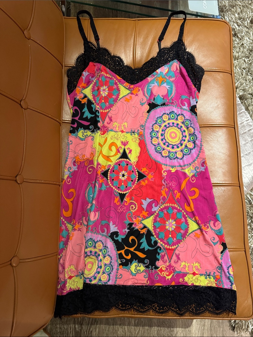 Vintage Natori Josie Black Lace Trim Multicolor Printed Slip and matching robe